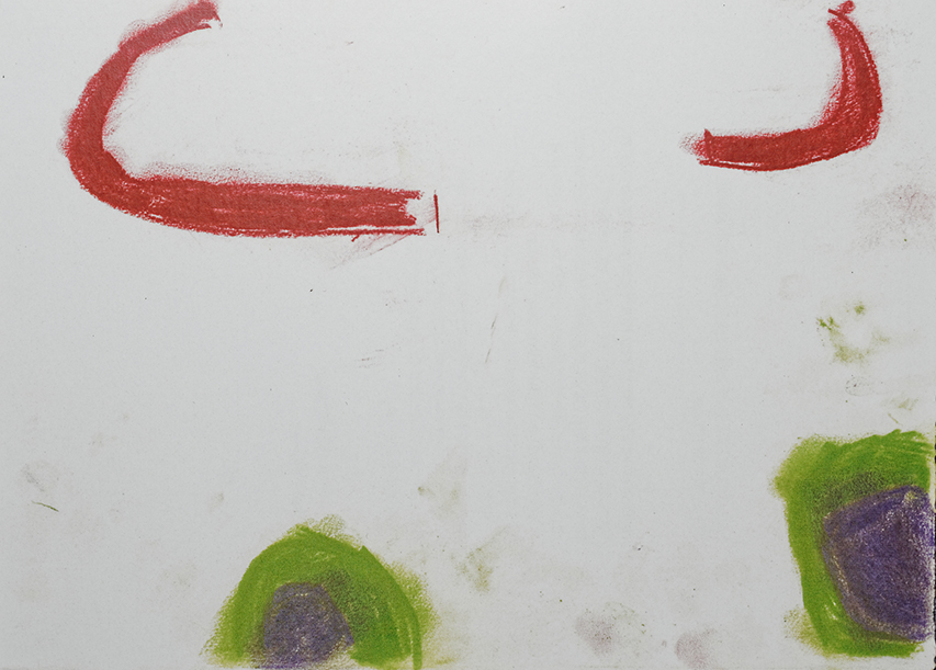 A red, green and purple pastel drawing by Bethan Kendrick